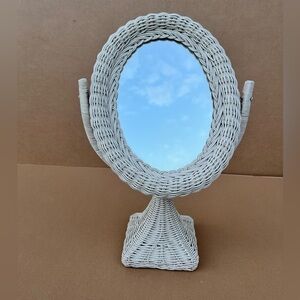 White Wicker Oval Vanity Tabletop Mirror Cottage Style